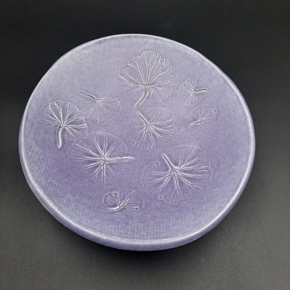 Purple Ceramic Studio Art Bowl with Impressed Leaf Design – Signed 1993‎